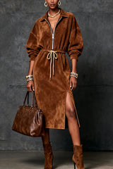 Stylish Suede Lapel Zipper Wst Tie Casual Midi Dress