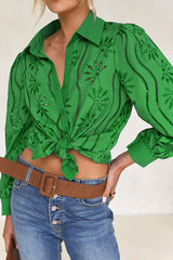 Fashion Hollow Puff Sleeve Casual Lapel Loose Shirt