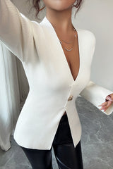 Solid Color V-neck Long-sleeved Elegant Knitted Top
