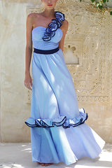 Striped Print Elegant Ruffle Trim Vacation Maxi Skirt