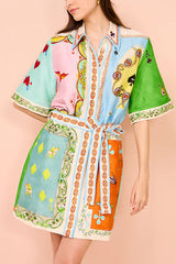 Linen Blend Unique Printed Short Sleeved Pocket Tie Waist Mini Dress(One Size UP)