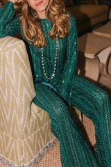 Relaxing Time Knit Zigzag Pattern Tassel Trim Slit Top and Wide Leg Pants Set