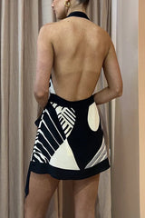 Unique Printed Open Back Waist Tie Holiday Mini Dress