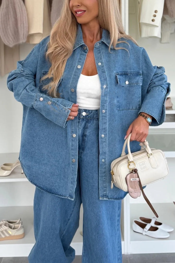 Stylish Denim  Button Down Long Sleeve Pocket Oversized Blouse