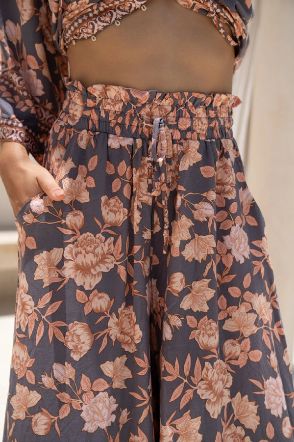 Floral Print Casual Elastic Waist Pocket Loose Wide-leg Pants