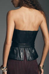 Fashionable and Avant-garde Faux Leather Belted Strapless Asymmetric Top