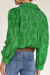 Fashion Hollow Puff Sleeve Casual Lapel Loose Shirt