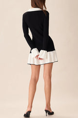 Stylish Color-blocked Long-sleeved Button-decorated Knitted Mini Dress