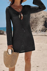 Solid Color Knit Hollow V-Neck Tie Long Sleeve Cover Up Mini Dress
