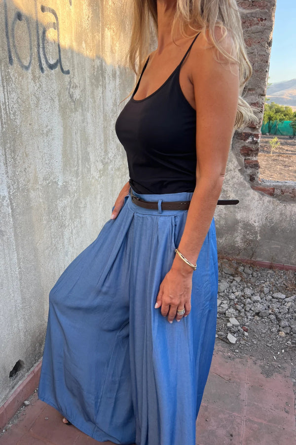 Solid Color Elastic Waist Casual Pocket Loose Wide-leg Pants