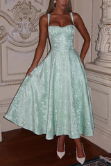 Palace Style Jacquard Fabric Backless Tie Slim Midi Dress