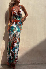 Rainforest Paradise Tropical Print Cutout Back Crossover Stretch Maxi Dress