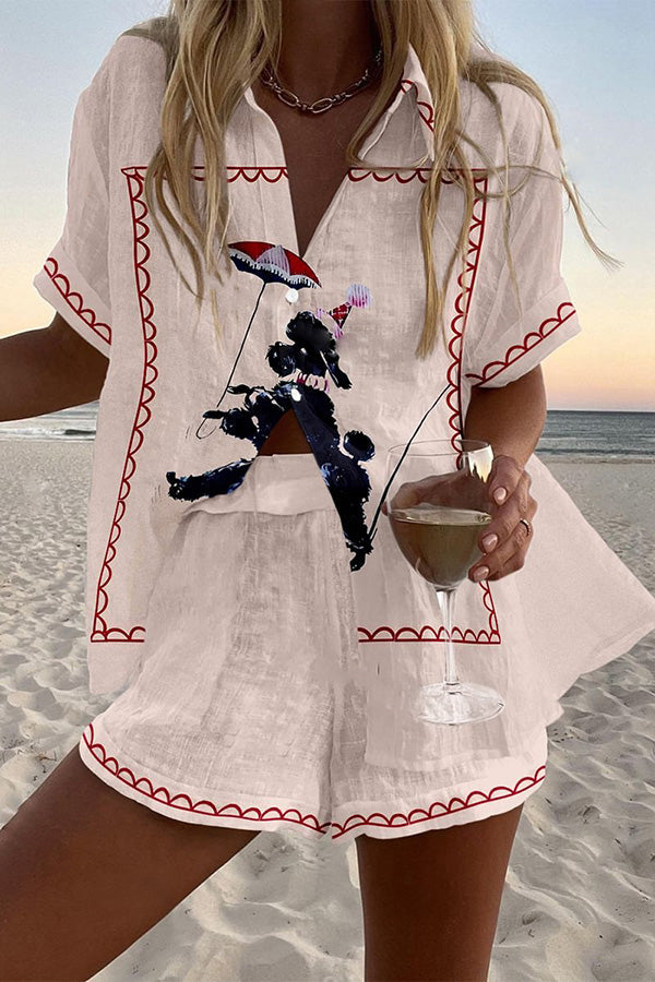 Black Poodle Print Loose Button Elastic Waist Shorts Set