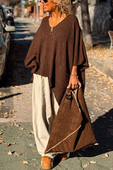 Fashion V-neck Loose Pocket Mid-length Knitted Poncho Sweater