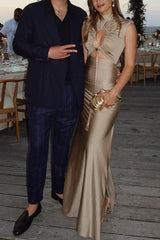 Genis Hollow Elastic Bust High Neck Sleeveless Gathered Maxi Dress