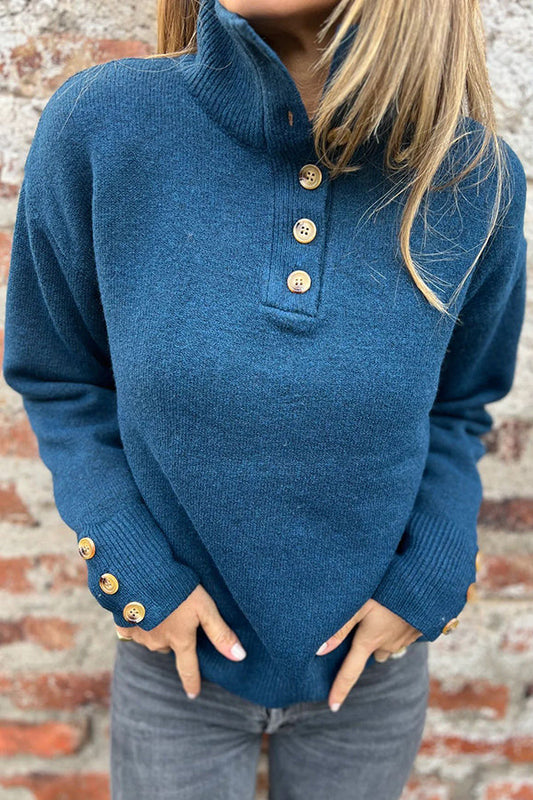 Solid Color High Collar Button Loose Long Sleeve Knitted Sweater