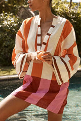 Talah Linen Blend Color Block Print V-neck Long Bell Sleeve Loose Mini Dress