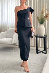 Sweet Party One Shoulder Lapel Neck Sleeveless Bow Belt Pencil Midi Dress