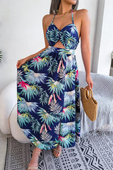 Plant Print Halter Neck Hollow Holiday Beach Midi Dress