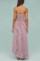 Dream Ode Lily Pad Style Pleats and Ruffles Halter Gown Maxi Dress