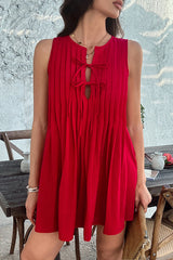 Solid Color Sleeveless Tie Pleated Casual Mini Dress
