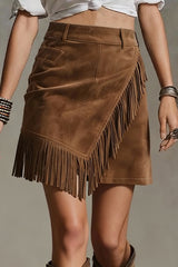 Retro Suede Casual Asymmetrical Fringed Hem Mini Skirt
