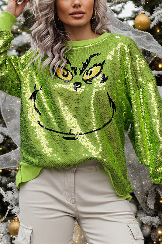 Mr Grinch Sequin Unique Pattern Long Sleeve Loose Sweatshirt