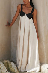 Jordina Linen Blend Colorblock Cups Backless Tie-up Loose Maxi Dress