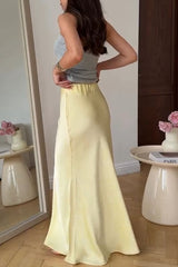 Secret of Elegance Satin Slit Back Lace-up Top and Elastic Waist Flare Maxi Skirt Set