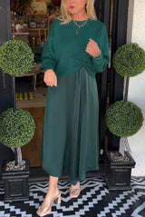 Practical Fashion Knit Ruched Sweater and Satin Stretch Tank Midi Dress Two-piece Set