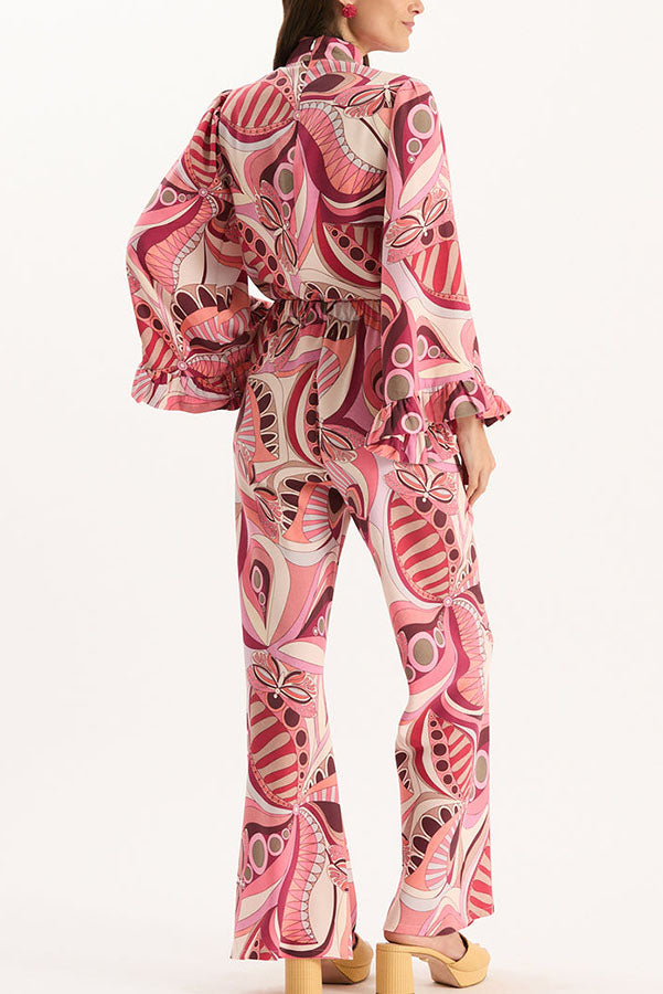 Sarah Unique Print High Neck Ruffle Bell Sleeve Top and Elastic Waist Pocket Loose Pants Set