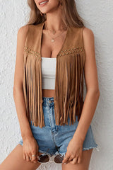 Stylish Suede V-neck Sleeveless Casual Studded Tassel Vest