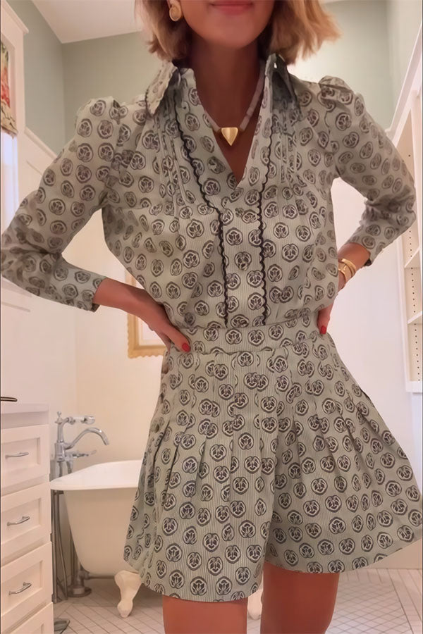 Deelia Unique Print Scalloped Edges Long Sleeve Blouse and Pleated Button Waist Flare Shorts Set