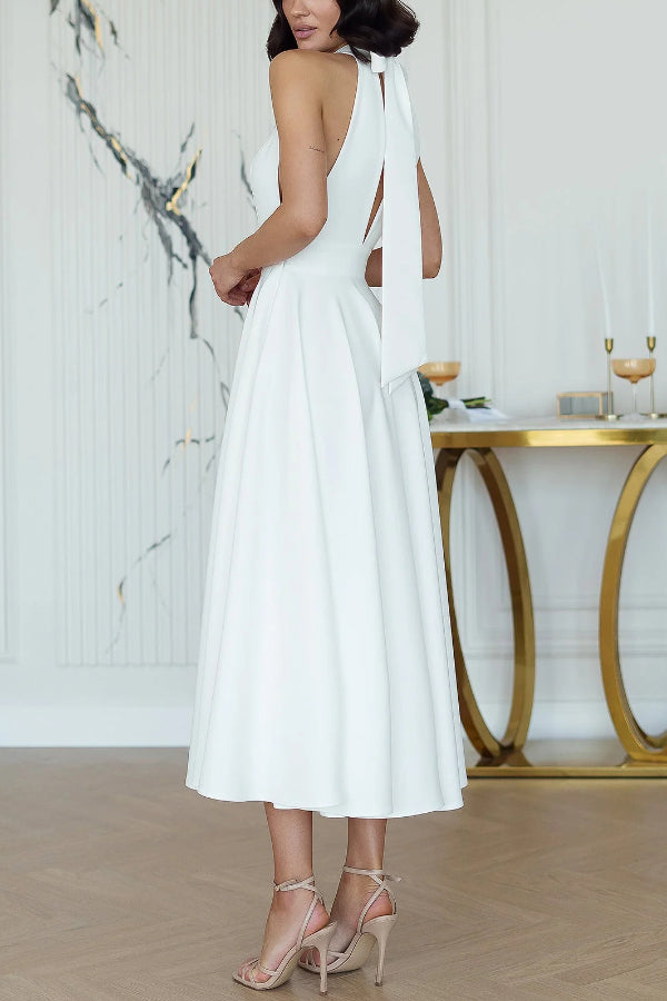 Solid Color Halter Neck Bow Tie Elegant Waist-cinching Midi Dress