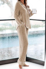 Home-style Loose-fitting Long-sleeved Pocket Shirt and Elastic Waist Casual Pants Set