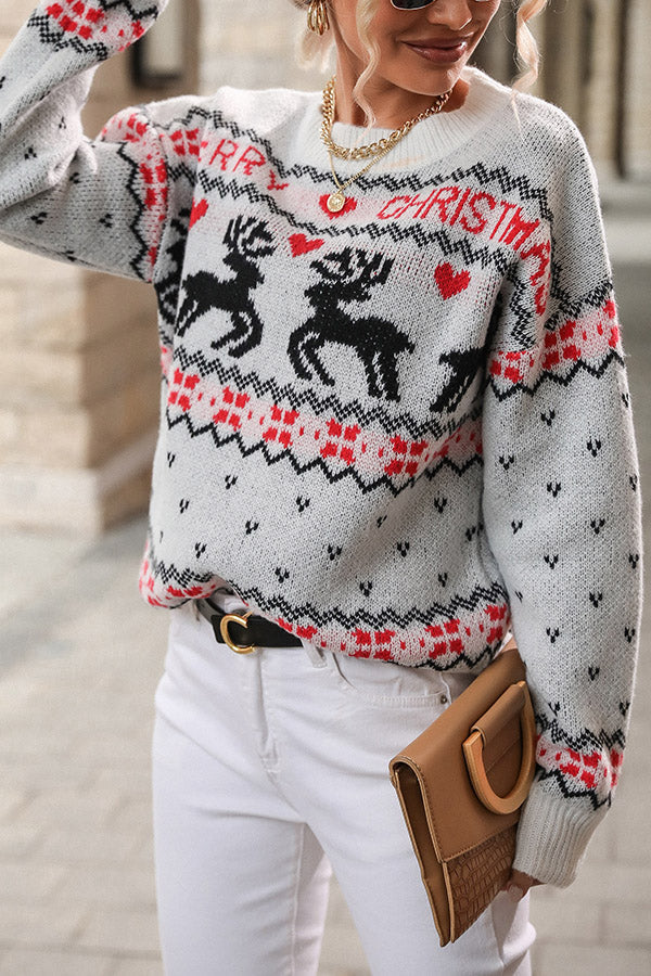 Christmas Elk Round Neck Long Sleeve Loose Knitted Sweater