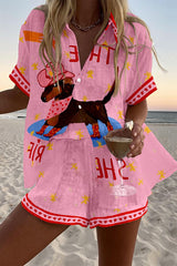 Dachshund Print Loose Button Elastic Waist Shorts Set