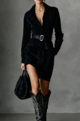 Fashion Suede Long Sleeve Waist Belt Pocket Slim Fit Mini Dress