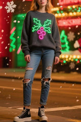 Christmas Holly Jacquard Loose Long-Sleeve Knit Sweater