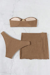 Waffle-knit Sexy Strapless Two-piece Stretch Bikini Swimsuit and Slit Mini Skirt Set
