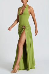 Solid Color Halter Neck Backless Slim Fit Pleated Slit Maxi Dress
