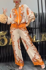 Unique Printed Casual Long-sleeved Loose Top and Elastic Waist Pocket Wide-leg Pants Set