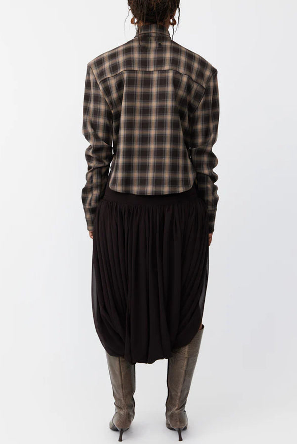 Vintage Plaid Shoulder Pad Buttons Long Sleeve Angled Hem Shirt