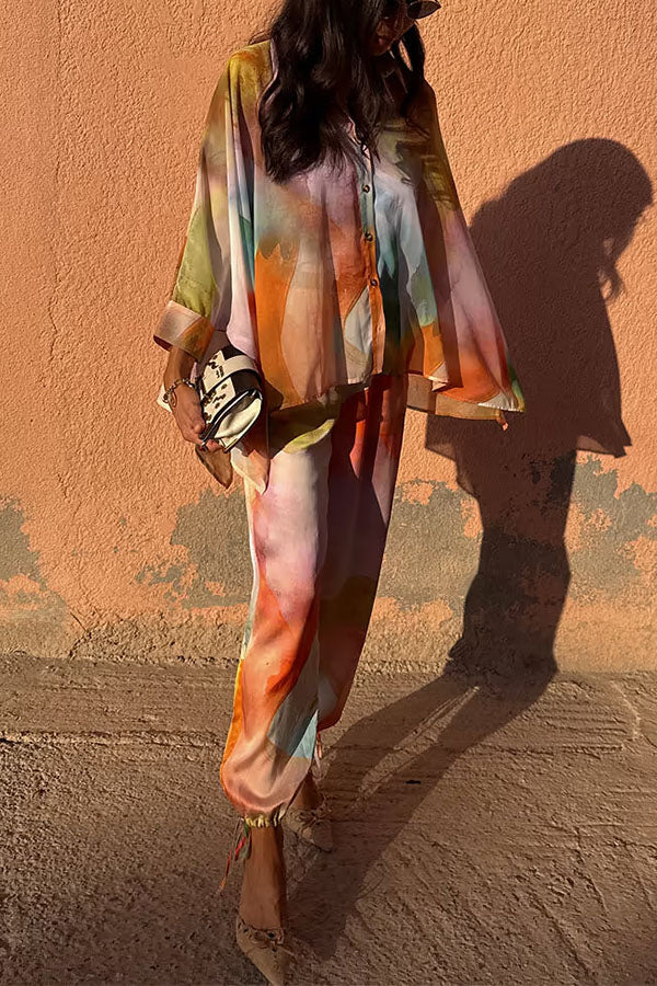 Vacation View Colorful Abstract Print Button Long Batwing Sleeve Oversized Blouse
