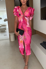Unique Print V-Neck Puff Sleeve Slit Slim Midi Dress