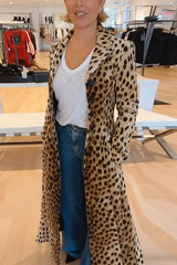 Leopard Print Long Sleeve Pocket Casual Maxi Trench Coat