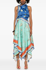 Surrealist Summer Satin Unique Print Tie-up Details Layered Hem Scarf Maxi Dress