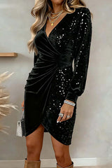 Fashionable Velvet Sequined V-neck Long-sleeved Slim-fit Mini Dress