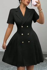 Solid Color Lapel Short Sleeve Button Waist Mini Dress