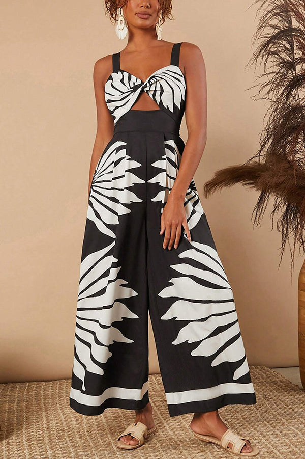 Unique Printed Open Back Pleated Casual Wide-leg Jumpsuit